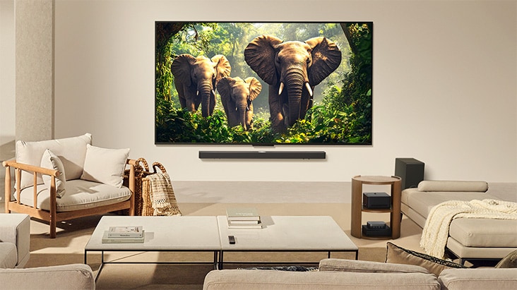 Wandmontierter LG QNED9M TV in einem Wohnzimmer. Die Zero Connect Box steht zusammen mit anderen Peripherieger?ten ordentlich unter einem Beistelltisch.
