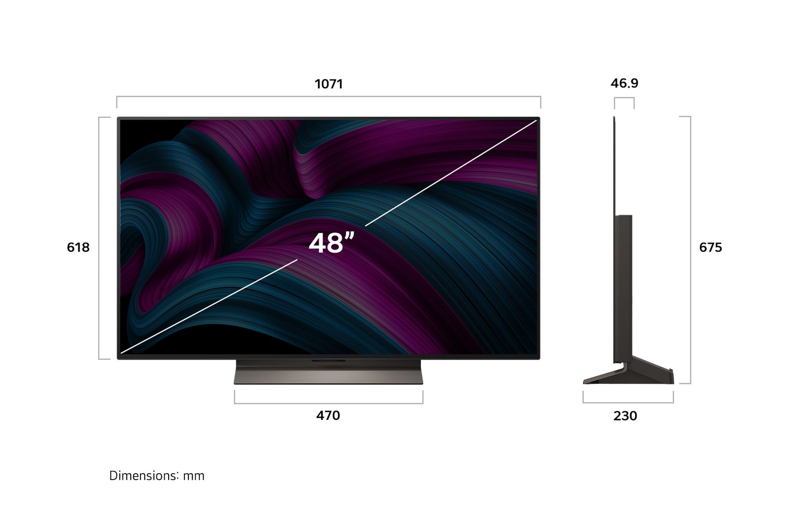 Frontansicht und Seitenansicht des LG OLED evo AI C5 4K Smart TV mit den Abmessungen der L?nge, Breite, H?he und Tiefe.