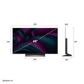 Frontansicht und Seitenansicht des LG OLED evo AI C5 4K Smart TV mit den Abmessungen der L?nge, Breite, H?he und Tiefe.