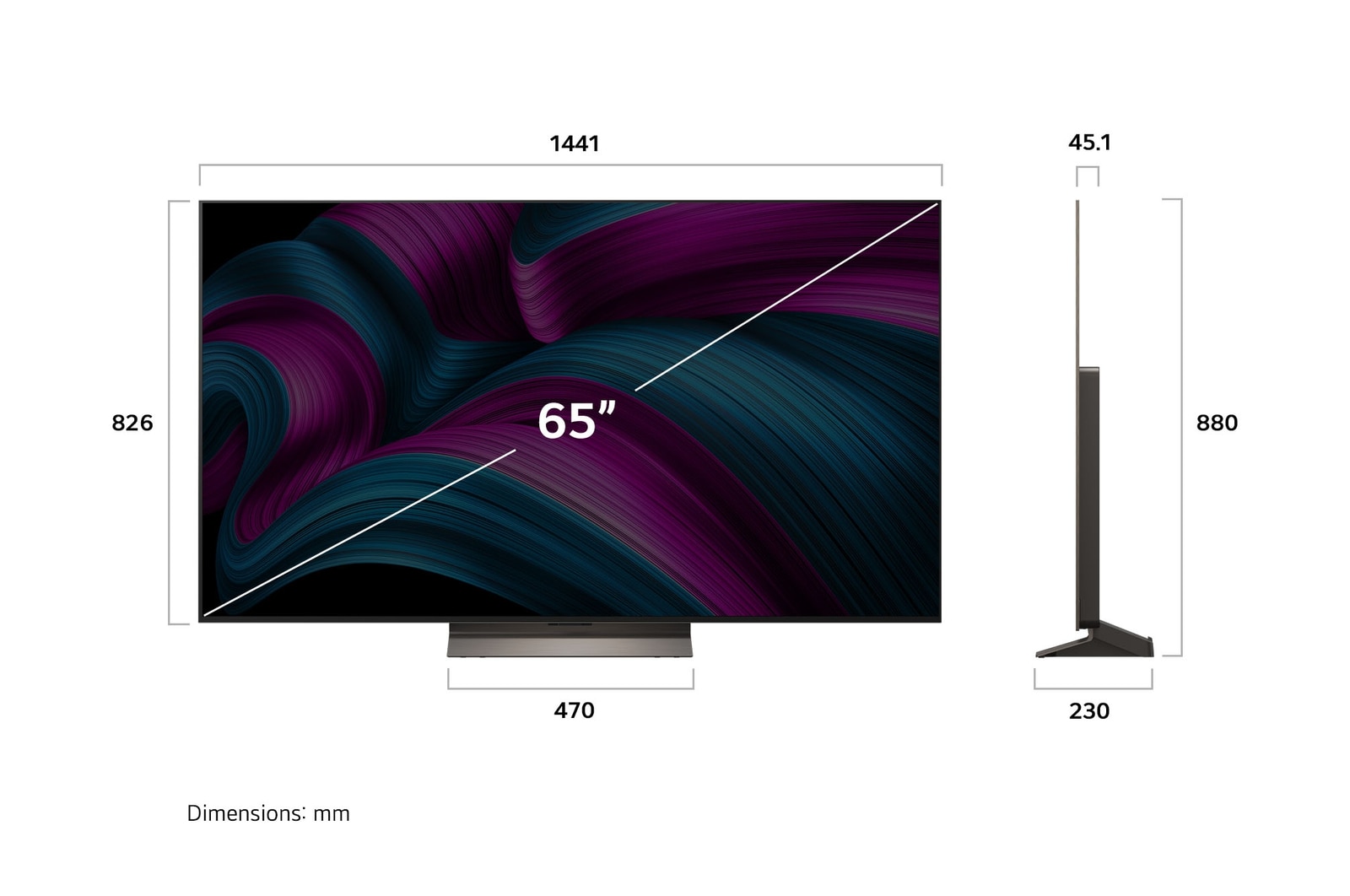 Frontansicht und Seitenansicht des LG OLED evo AI C5 4K Smart TV mit den Abmessungen der L?nge, Breite, H?he und Tiefe.
