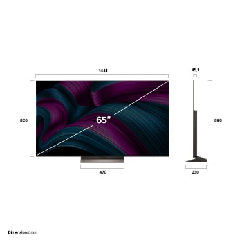 Frontansicht und Seitenansicht des LG OLED evo AI C5 4K Smart TV mit den Abmessungen der L?nge, Breite, H?he und Tiefe.