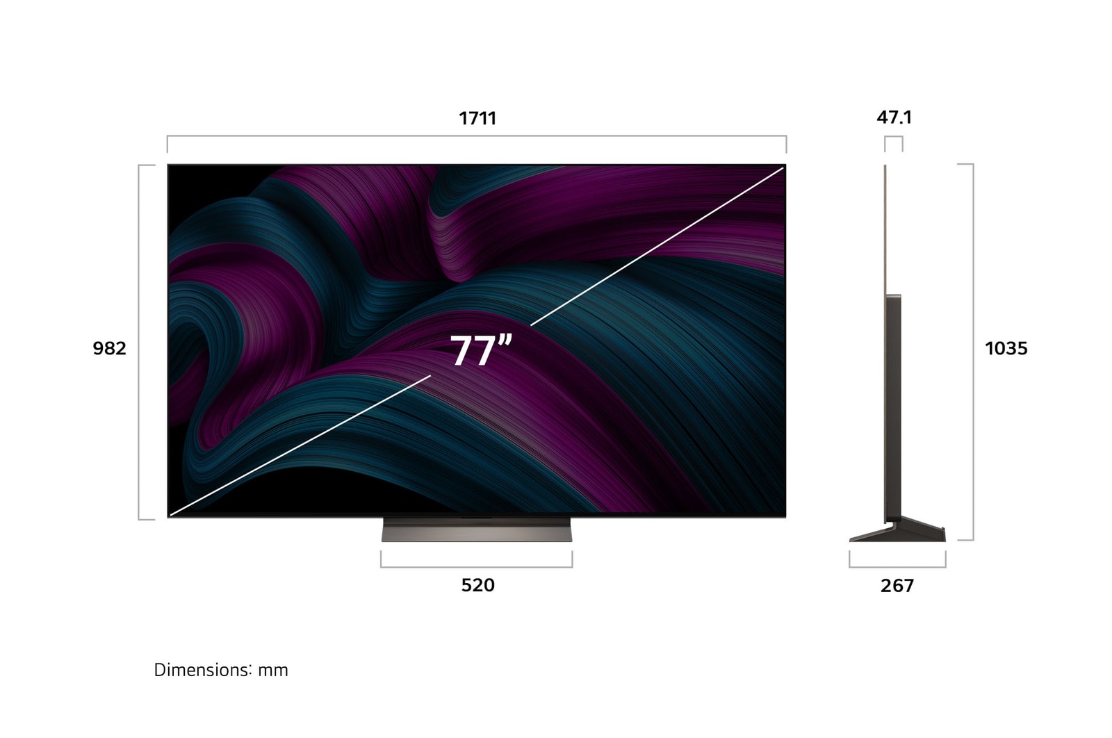 Frontansicht und Seitenansicht des LG OLED evo AI C5 4K Smart TV mit den Abmessungen der L?nge, Breite, H?he und Tiefe.