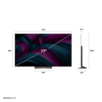 Frontansicht und Seitenansicht des LG OLED evo AI C5 4K Smart TV mit den Abmessungen der L?nge, Breite, H?he und Tiefe.