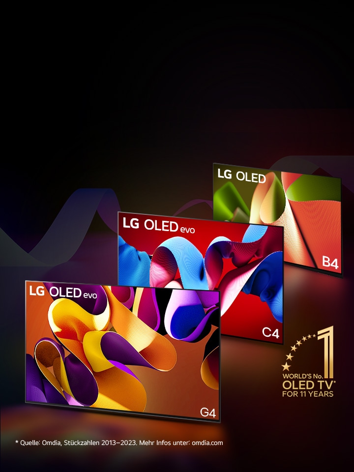 Ein Bild des LG OLED G3 vor einem schwarzen Hintergrund zeigt ein abstraktes Kunstwerk in leuchtendem Pink und Violett. Der Bildschirm pr?sentiert sich in einem farbenfrohen Schatten mit dem Wort ?evo“. Das Emblem ?10 Jahre weltweite Nr. 1 OLED TV“ befindet sich oben links auf dem Bild. 