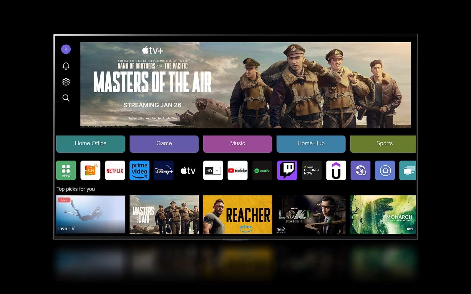 An image shows the webOS 24 home screen with Home Office, Game, Music, Home Hub, and Sports Categories. The bottom of the screen shows personalized recommendations under "Top picks for you."Der Startbildschirm von webOS 24 mit den Kategorien Home Office, Spiel, Musik, Heimzentrale und Sportkategorien. Im unteren Teil des Bildschirms werden unter ?Deine Top-Empfehlungen“ personalisierte Empfehlungen angezeigt.