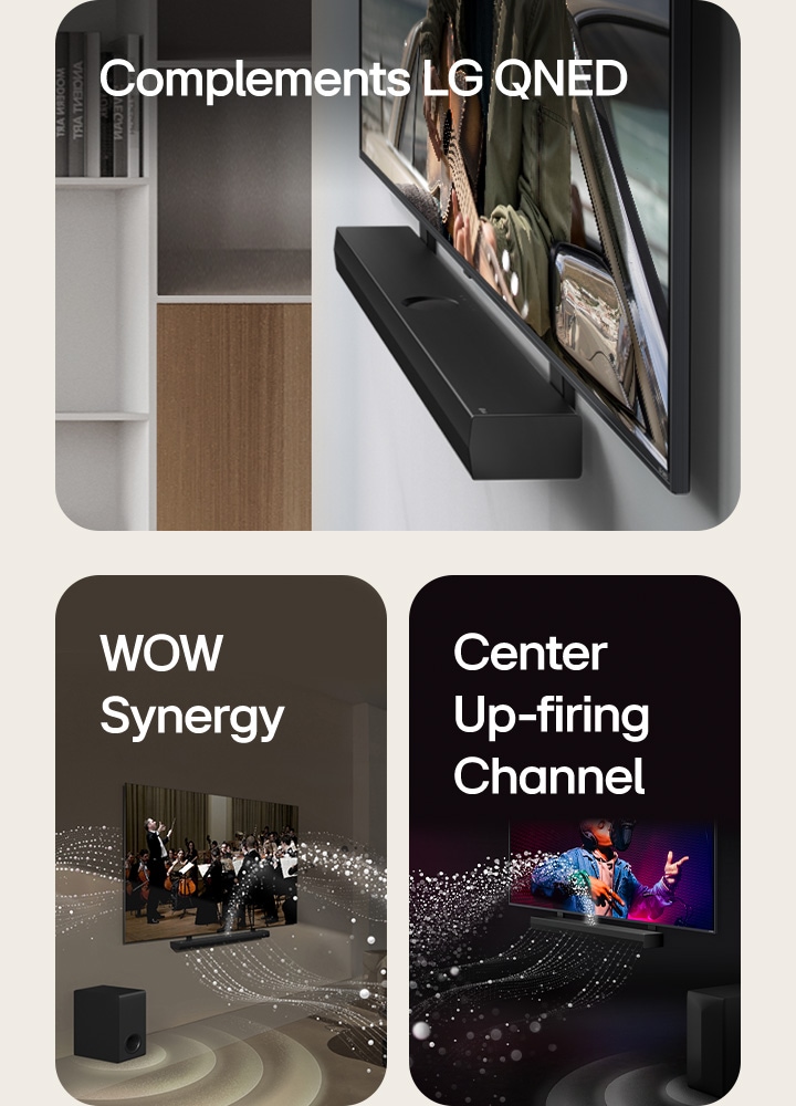 Die LG Soundbar und der LG QNED Fernseher an der Wand mit der passenden QNED-Halterung in einem grauen und h?lzernen Wohnraum in schr?ger Perspektive, wobei ein gitarrespielender Mann vor dem Meer zu sehen ist.   LG Soundbar und LG TV in einem Wohnzimmer bei der Wiedergabe einer Orchesteraufführung. Von der Soundbar gehen wei?e Tr?pfchen, die Schallwellen darstellen, nach oben und nach vorne und projizieren vom Fernseher, w?hrend der Subwoofer von unten einen Klangeffekt erzeugt.  LG Soundbar und LG TV in einem schwarzen Raum bei der Wiedergabe einer Musikaufführung. Von der Soundbar kommen wei?e Tr?pfchen, die Schallwellen darstellen, nach oben und nach vorne, w?hrend der Subwoofer von unten einen Klangeffekt erzeugt.