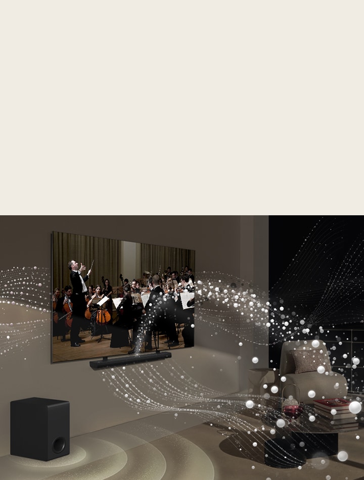 LG Soundbar, LG TV und ein Subwoofer befinden sich in einem Wohnzimmer und spielen eine Musikaufführung. Wei?e Tr?pfchen bilden Schallwellen, die von der Soundbar nach oben und vorne schie?en und vom Fernseher projiziert werden. Ein Subwoofer erzeugt einen Klangeffekt von unten.