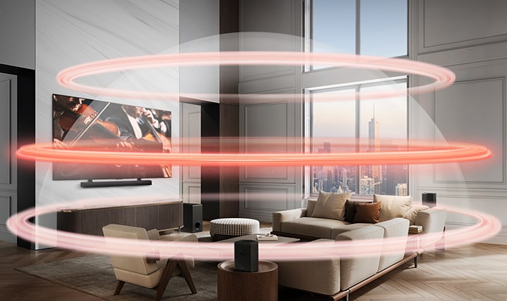 LG Soundbar und LG TV befinden sich in einer gro?en Stadtwohnung. Drei rote B?nder, die virtuelle Ebenen darstellen, mit einer deutlichen mittleren Ebene bilden eine Klangkuppel, die die Sofas einhüllt.