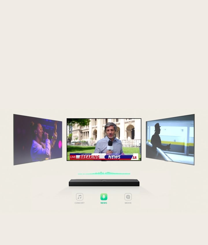 Eine LG Soundbar mit drei verschiedenen Fernsehern darüber. Der Fernseher direkt darüber zeigt einen Nachrichtensprecher, der vor einem verzierten Geb?ude eine Eilmeldung filmt. Im Fernseher auf der rechten Seite ist ein Standbild aus einem Actionfilm mit einem Mann im Schatten zu sehen. Der Fernseher auf der linken Seite zeigt ein Musikkonzert mit einer Frau, die singt. Zwischen dem Fernseher und der Soundbar befindet sich ein minzfarbenes Diagramm einer Schallwelle.