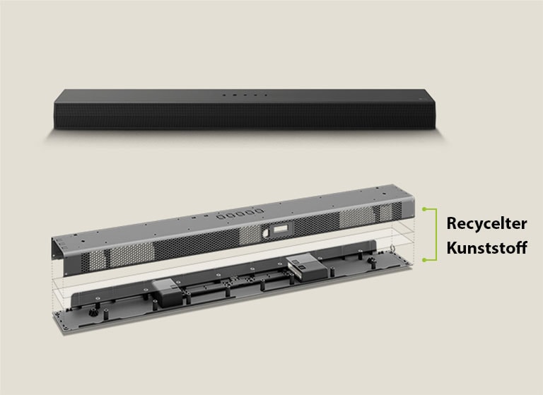 Es gibt eine Frontalperspektive der Soundbar von hinten und eine Abbildung des Metallrahmens der Soundbar von vorne. Ein schr?ger Blick auf die Rückseite des Metallrahmens der Soundbar mit der Aufschrift ?Recycelter Kunststoff“ an der Kante des Rahmens.