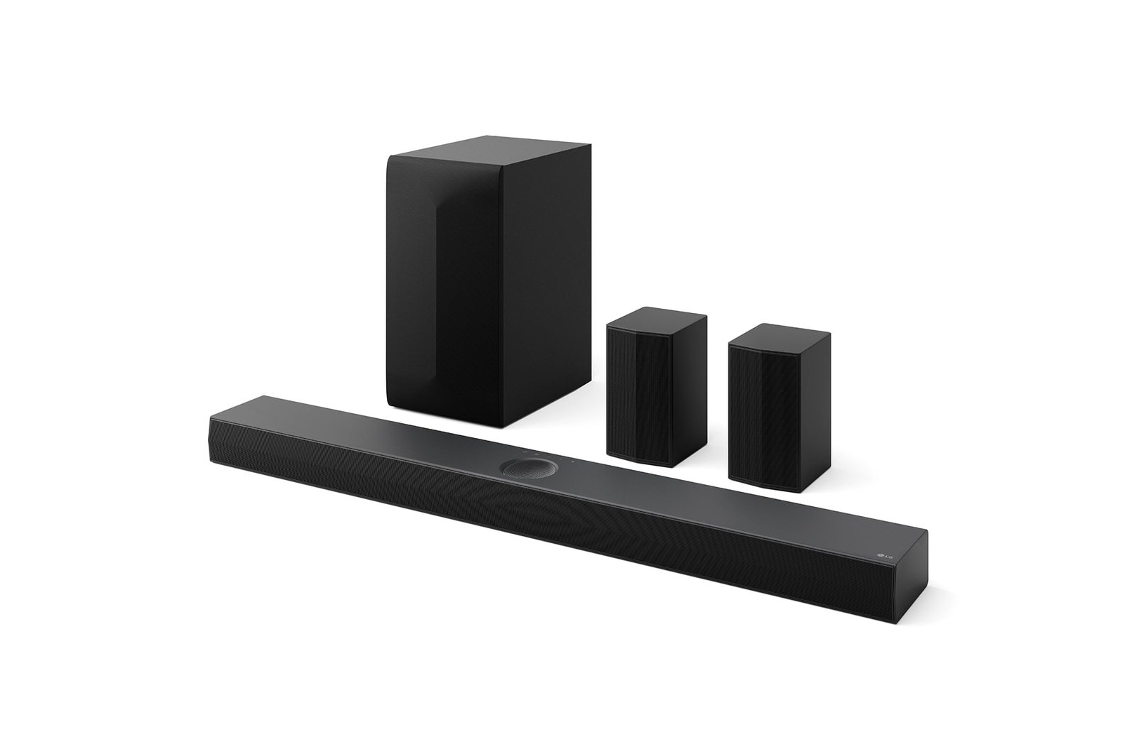 Schr?gansicht der LG Soundbar S75TR, Subwoofer und hintere Lautsprecher