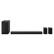 Frontansicht der LG Soundbar S75TR, Subwoofer und hintere Lautsprecher