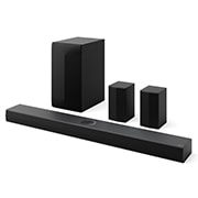 Schr?gansicht der LG Soundbar S75TR, Subwoofer und hintere Lautsprecher