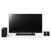 Frontansicht des 75-Zoll LG QNED, LG Soundbar S75TR, hintere Lautsprecher und Subwoofer