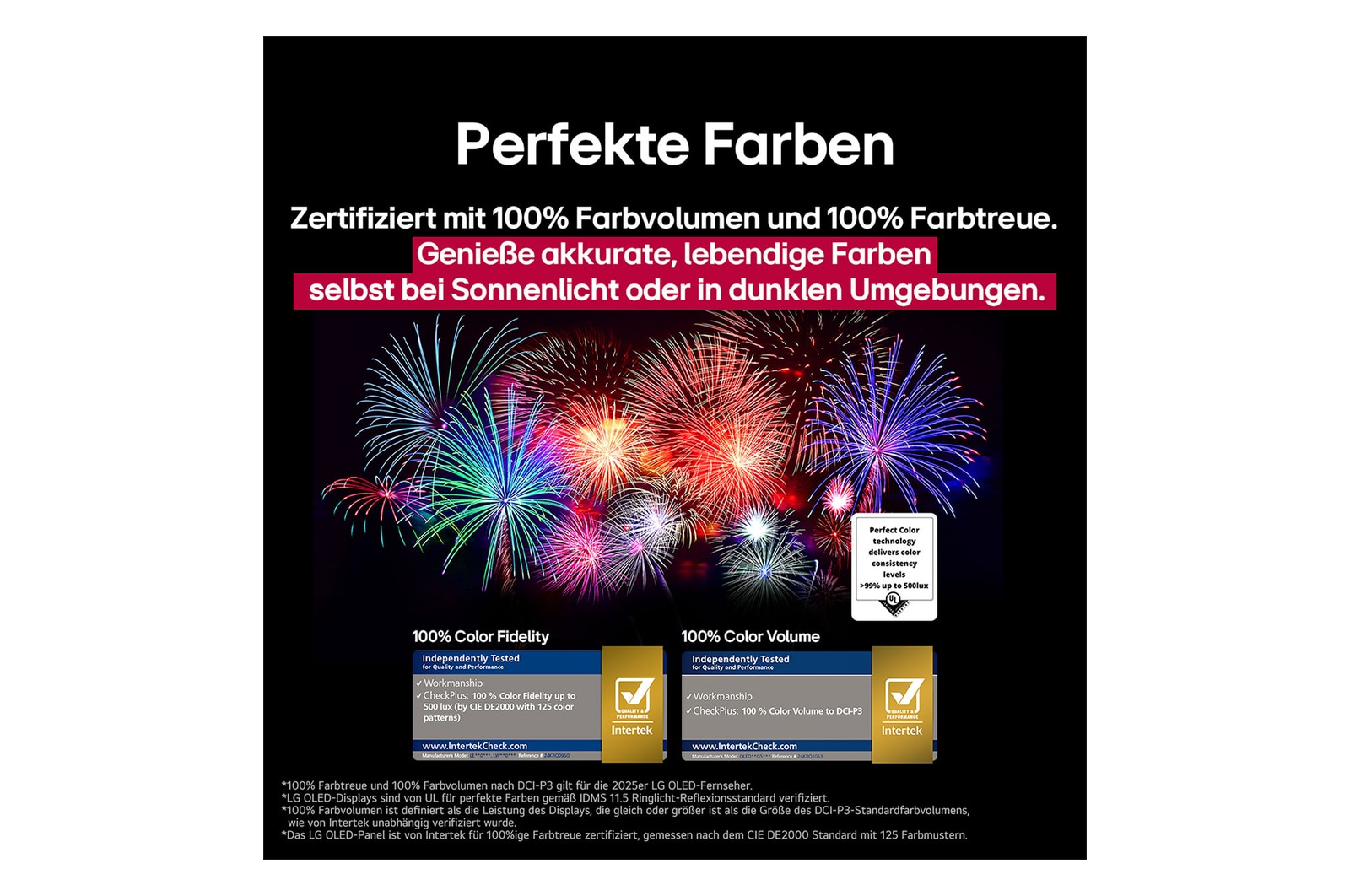 Ein Wohnzimmer mit einem an der Wand montierten LG OLED-Fernseher. Auf dem Fernseher ist eine Bergkette vor einem dunklen Abendhimmel voller Sterne zu sehen. Diese Szene ist in zwei H?lften geteilt. Die eine Seite zeigt eine trübe, graue Version der Landschaft mit der Bezeichnung Non Perfect Black Display. Auf der anderen Seite ist ein angenehmeres Bild mit einem gr??eren Dynamikbereich von Schwarz und Wei? zu sehen. Dies ist mit Perfect Black Display gekennzeichnet. Auch die Logo-Zertifizierung ist sichtbar: Perfect Black Technology liefert Schwarzwerte von 0,24 nit oder weniger bis zu 500 Lux. 