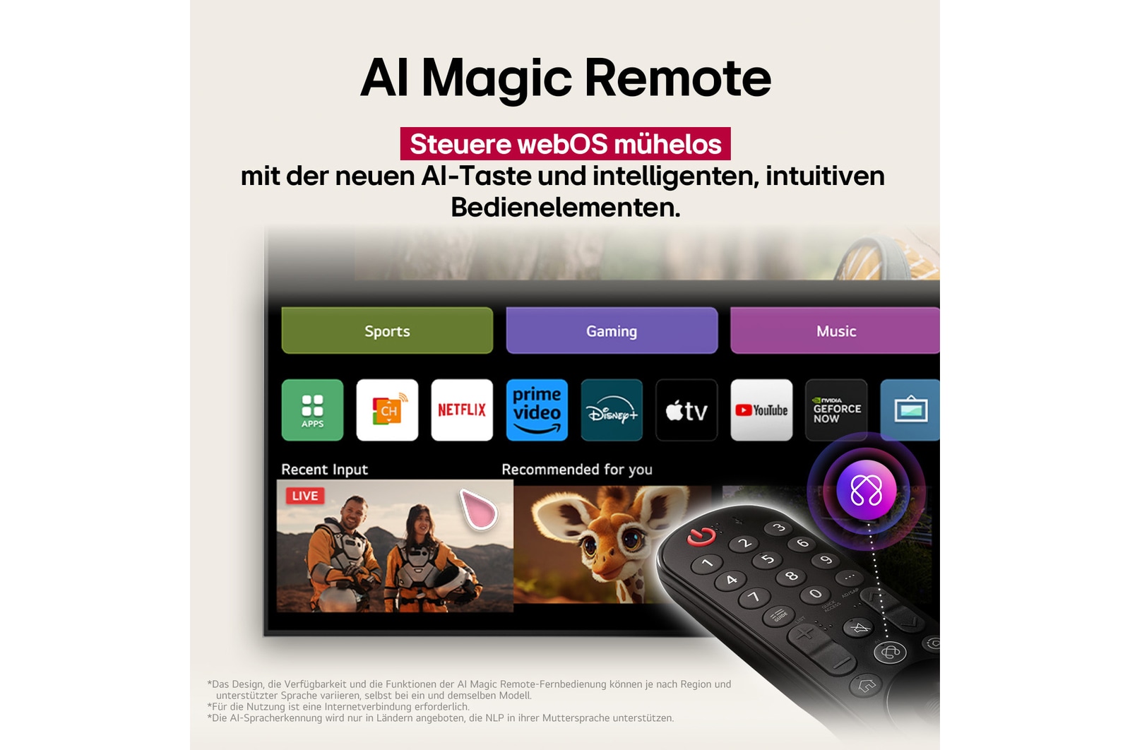 Auf dem Bildschirm eines LG OLED-Fernsehers befindet sich die webOS 25-Startseite, die mit Apps und Unterhaltungsinhalten gefüllt ist. Neben dem Fernseher befindet sich die LG AI Magic Remote-Fernbedienung. Der AI Button ist hervorgehoben, als ob sie durch die Stimme des Benutzers aktiviert wurde. Daneben befindet sich eine Sprechblase, die auf "Mein Profil" umschaltet. Der kurze Text erkl?rt, wie Nutzer nun ihre Stimme mit ihrem pers?nlichen Profil synchronisieren k?nnen, um eine einfachere Navigation und personalisierte Empfehlungen zu erhalten.