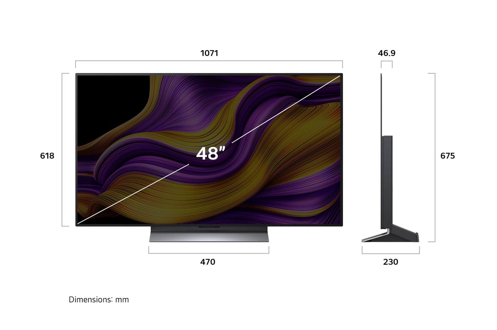 Frontansicht und Seitenansicht des LG OLED evo AI G5 4K Smart TV mit den Abmessungen der L?nge, Breite, H?he und Tiefe.