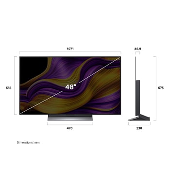 Frontansicht und Seitenansicht des LG OLED evo AI G5 4K Smart TV mit den Abmessungen der L?nge, Breite, H?he und Tiefe.