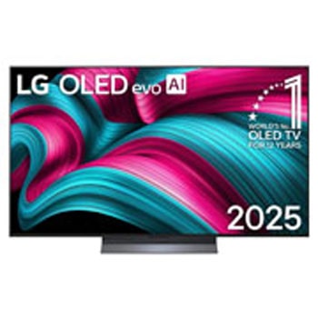 Frontansicht des LG OLED evo AI C5 4K Smart TV. Ein "12 Years of world number 1 OLED"-Emblem und das "LG OLED AI 2025"-Logo sind auf dem Bildschirm zu sehen.