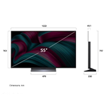Frontansicht und Seitenansicht des LG OLED evo AI C5 4K Smart TV mit den Abmessungen der L?nge, Breite, H?he und Tiefe.