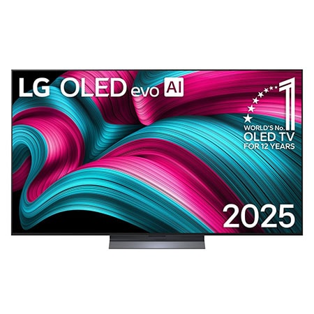 Gro?ansicht eines stilvollen und farbenfrohen Wohnzimmers. Der LG OLED evo AI C5 4K Smart TV ist an der Wand montiert, darunter befindet sich eine LG Soundbar. Das Design des Fernsehers fügt sich gut in den Raum ein. Auf dem Fernsehbildschirm ist ein buntes Kunstwerk zu sehen. 