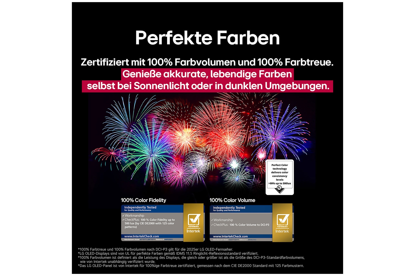 Ein Wohnzimmer mit einem an der Wand montierten LG OLED-Fernseher. Auf dem Fernseher ist eine Bergkette vor einem dunklen Abendhimmel voller Sterne zu sehen. Diese Szene ist in zwei H?lften geteilt. Die eine Seite zeigt eine trübe, graue Version der Landschaft mit der Bezeichnung Non Perfect Black Display. Auf der anderen Seite ist ein angenehmeres Bild mit einem gr??eren Dynamikbereich von Schwarz und Wei? zu sehen. Dies ist mit Perfect Black Display gekennzeichnet. Auch die Logo-Zertifizierung ist sichtbar: Perfect Black Technology liefert Schwarzwerte von 0,24 nit oder weniger bis zu 500 Lux. 