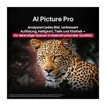 Leopard im Wald in leuchtenden Farben und Details. Neben dem Leopard ist ein Gitternetz zu sehen. Hinter ihm leuchtet ein Licht. Das Bild zeigt, wie LG AI Picture Pro die Aufl?sung, Helligkeit, Tiefe und Klarheit der Szene eindrucksvoll verbessert hat.