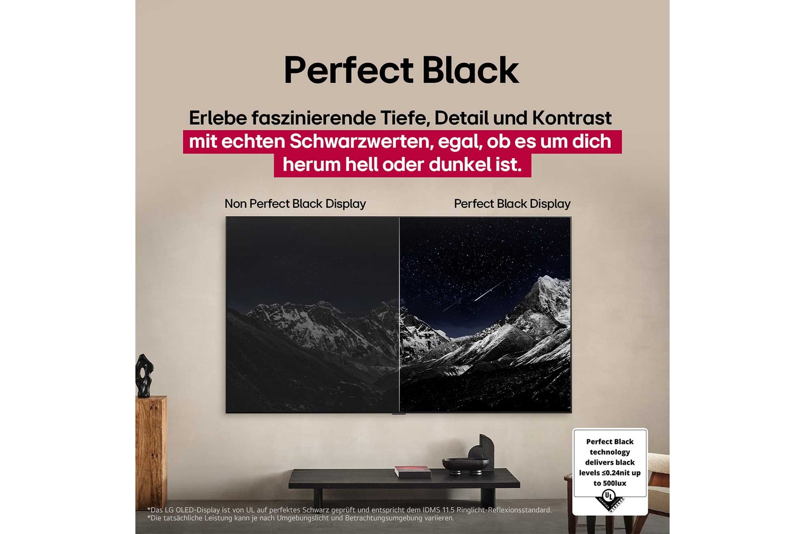 Ein Space Shuttle, die vom Boden aus startet. Die Szene ist in der Mitte geteilt, wobei die eine H?lfte etwas dunkler und düsterer ist. Die andere H?lfte zeigt, dass die Raketenexplosion bemerkenswert hell ist und demonstriert, wie hell Bilder auf einem LG OLED-Fernsehbildschirm mit der Light Control Architecture und dem Brightness Booster Ultimate sein k?nnen.