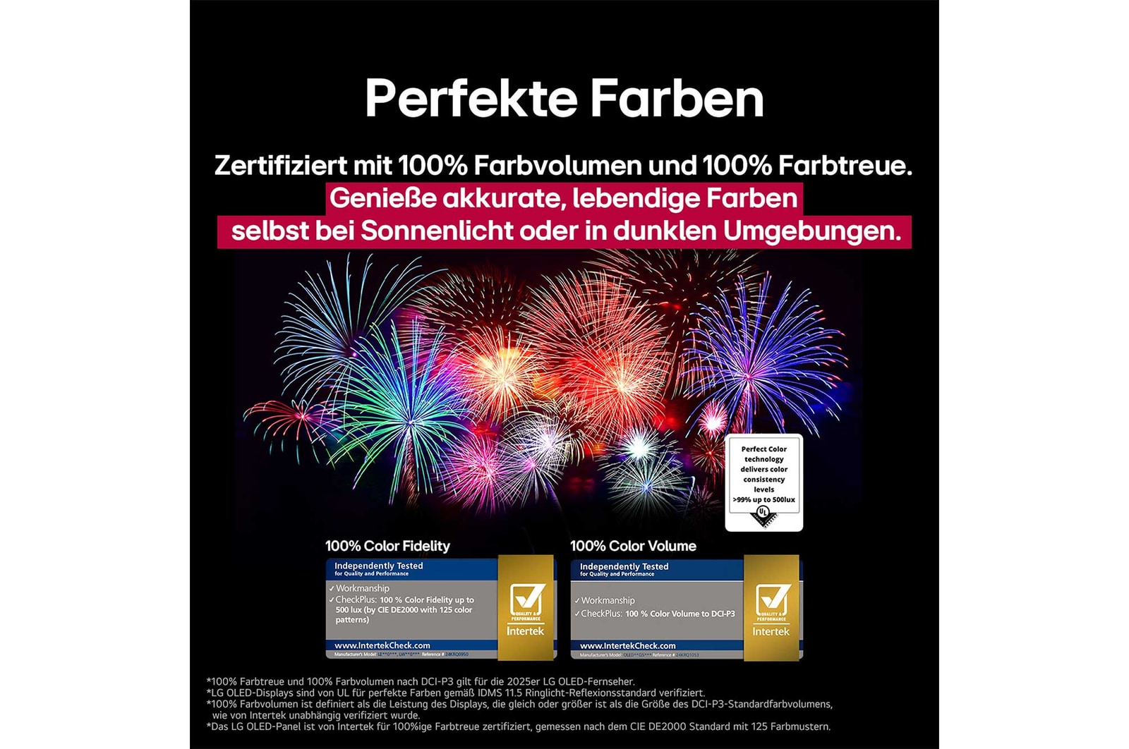 Ein Wohnzimmer mit einem an der Wand montierten LG OLED-Fernseher. Auf dem Fernseher ist eine Bergkette vor einem dunklen Abendhimmel voller Sterne zu sehen. Diese Szene ist in zwei H?lften geteilt. Die eine Seite zeigt eine trübe, graue Version der Landschaft mit der Bezeichnung Non Perfect Black Display. Auf der anderen Seite ist ein angenehmeres Bild mit einem gr??eren Dynamikbereich von Schwarz und Wei? zu sehen. Dies ist mit Perfect Black Display gekennzeichnet. Auch die Logo-Zertifizierung ist sichtbar: Perfect Black Technology liefert Schwarzwerte von 0,24 nit oder weniger bis zu 500 Lux. 