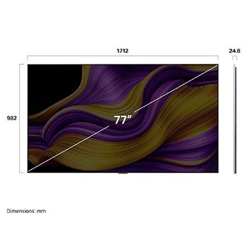 Frontansicht und Seitenansicht des LG OLED evo AI G5 4K Smart TV mit den Abmessungen der L?nge, Breite, H?he und Tiefe.