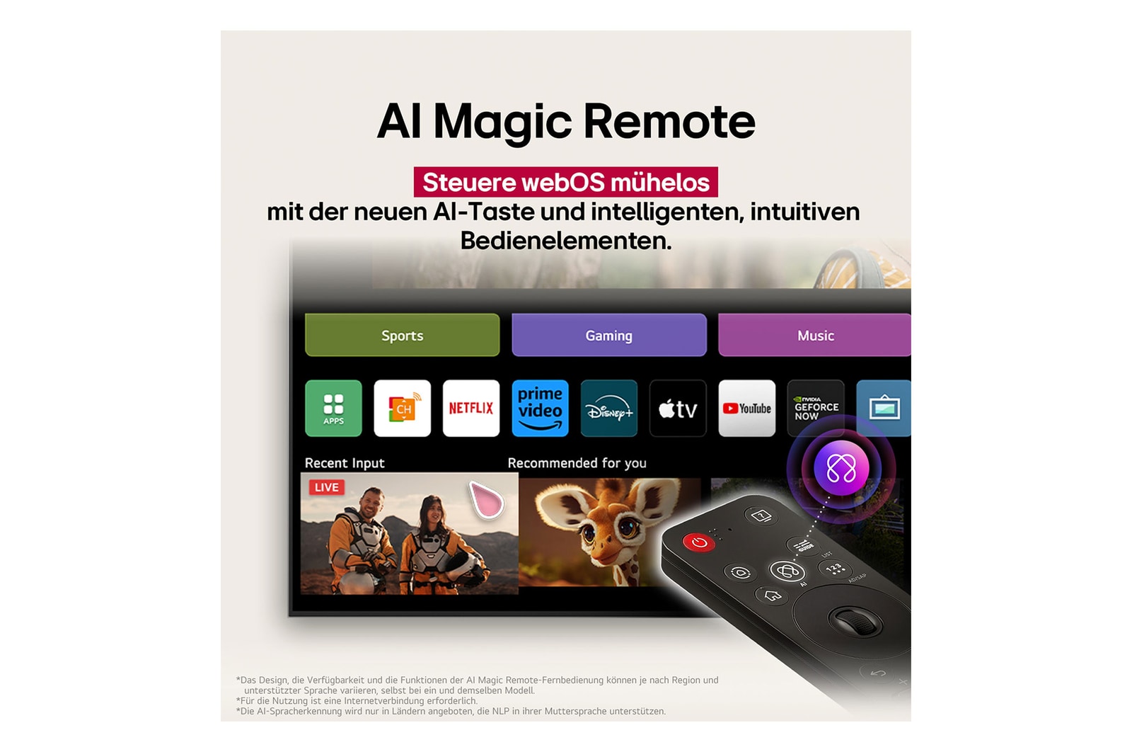 Auf dem Bildschirm eines LG OLED-Fernsehers befindet sich die webOS 25-Startseite, die mit Apps und Unterhaltungsinhalten gefüllt ist. Neben dem Fernseher befindet sich die LG AI Magic Remote-Fernbedienung. Der AI Button ist hervorgehoben, als ob sie durch die Stimme des Benutzers aktiviert wurde. Daneben befindet sich eine Sprechblase, die auf "Mein Profil" umschaltet. Der kurze Text erkl?rt, wie Nutzer nun ihre Stimme mit ihrem pers?nlichen Profil synchronisieren k?nnen, um eine einfachere Navigation und personalisierte Empfehlungen zu erhalten.