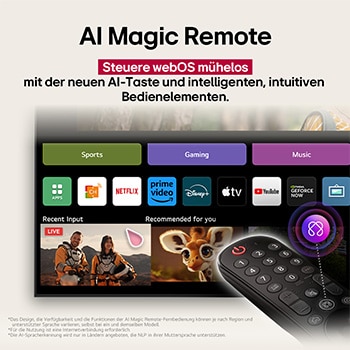 LG AI Magic Remote-Fernbedienung im Vordergrund. Der AI Button ist hervorgehoben. Im Hintergrund ist die LG webOS-Oberfl?che zu sehen. Der Mauszeiger zeigt an, dass die Fernbedienung in Gebrauch ist. Der Text erkl?rt, wie die Funktionen und Bedienelemente der Fernbedienung das Navigieren in webOS erleichtern. 