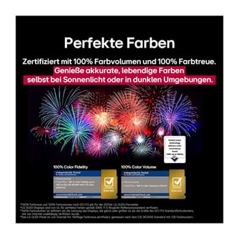 Ein schillerndes und farbenfrohes Feuerwerk ist auf einem Fernsehbildschirm zu sehen. Das Logo einer Zertifizierung ist sichtbar, die Perfect Color Technology liefert Farbkonsistenzwerte von mehr als 99 % bei bis zu 500 Lux. Intertek-Zertifizierungen, die unabh?ngige Tests belegen, sind ebenfalls sichtbar.