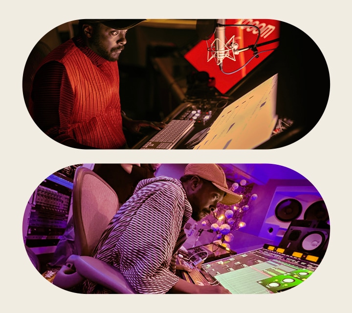 Auf dem oberen Bild arbeitet will.i.am in einem Tonstudio, tr?gt eine rote Weste und schaut auf einen Bildschirm vor sich. Auf dem unteren Bild arbeitet will.i.am ebenfalls in einem Studio und blickt auf einen Bildschirm mit grünen Fenstern darauf.