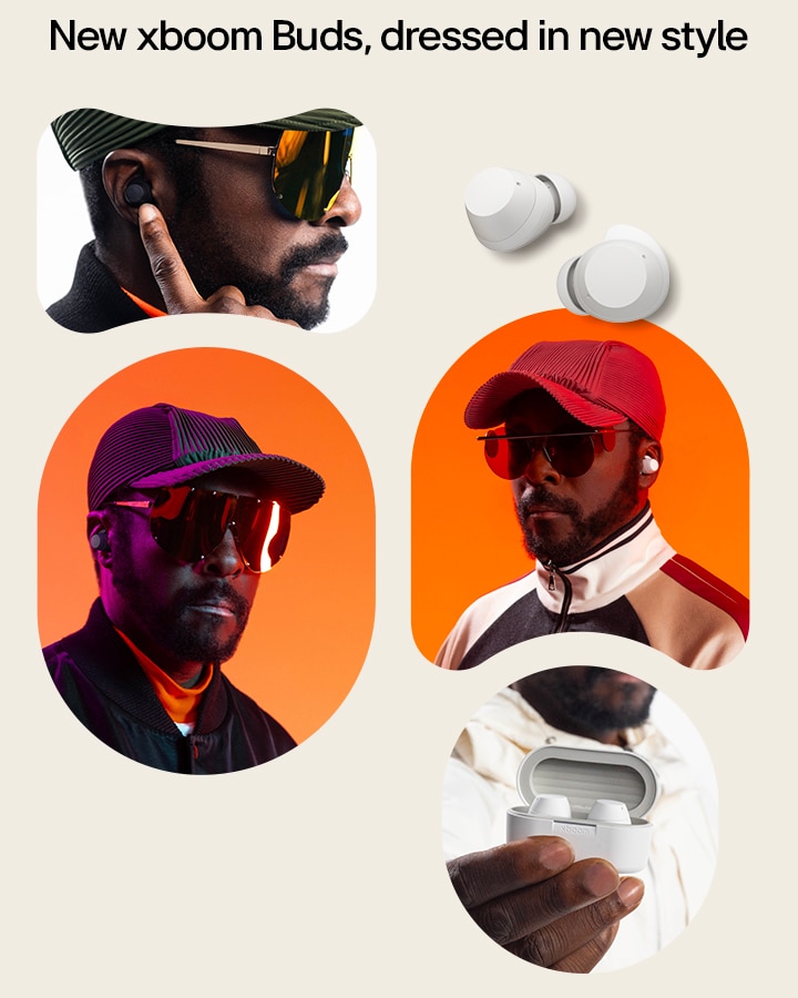 Oben links ist will.i.am von hinten zu sehen, er blickt nach links, tr?gt eine Sonnenbrille und zeigt mit seinem Zeigefinger auf die Ohrh?rer in seinem Ohr. Oben rechts sind Bilder von zwei wei?en Ohrh?rern zu sehen. In der Mitte links befindet sich ein Portr?t von will.i.am, frontal ausgerichtet, mit Ohrh?rern, einer Kappe und einer Sonnenbrille. In der Mitte rechts ist ein weiteres Portr?t von will.i.am zu sehen, ebenfalls mit Ohrh?rern, einer Kappe und einer Sonnenbrille. Unten h?lt will.i.am die Ladehülle der xboom Buds mit den darin befindlichen Ohrh?rern in der Hand.