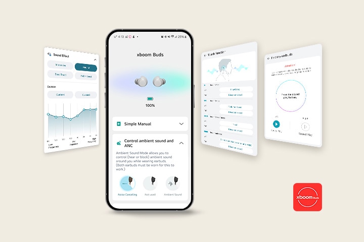 Auf einem Mobiltelefon bleibt der Hauptbildschirm der xboom Buds App. Auf der linken Seite befindet sich das UI-Bild für die Klangeffekt-Einstellungsfunktion derselben App und auf der rechten Seite befinden sich die UI-Bilder für die Touch-Funktion und die Funktion ?Meine Ohrh?rer finden