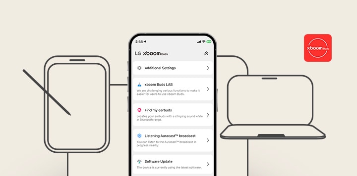 In der Mitte ist ein Handy zu sehen, das die verschiedenen Menüs der xboom Buds App anzeigt, und neben dem Handy sind Zeichnungen eines Tablets, eines Laptops und anderer Ger?te zu sehen.