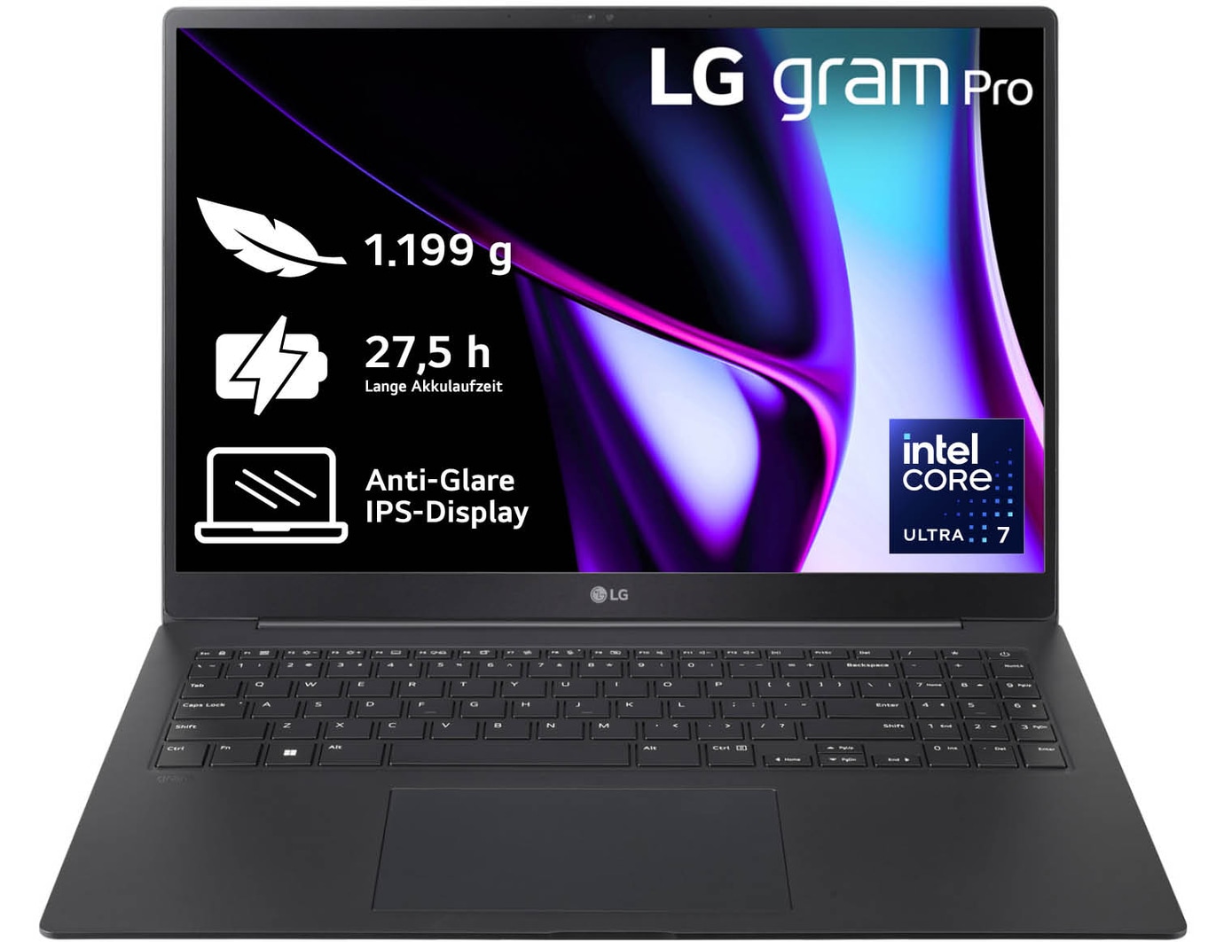 Draufsicht des 16-Zoll LG gram Pro (16Z90SP-G.AD7BG) Laptops mit 32 GB RAM und Intel Ultra 7 Core, Abdeckung geschlossen