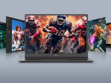 Ein Laptop, auf dessen Bildschirm eine actionreiche Fu?ballszene mit dem hervorgehobenen Text ?31–144Hz“ zu sehen ist, umgeben von weiteren Bildschirmen mit verschiedenen visuellen Darstellungen. Diese Konfiguration betont die Vielseitigkeit von Spielen und Multimedia mit einer variablen Bildwiederholfrequenz.	