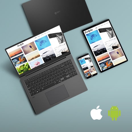Ein Laptop, ein Tablet und ein Smartphone werden zusammen pr?sentiert, wobei alle synchronisierte Inhalte auf ihren Bildschirmen anzeigen. Die Funktion ?gram Link“ wird hervorgehoben, wobei die Apple- und Android-Logos in der unteren rechten Ecke die ger?teübergreifende Konnektivit?t betonen.	