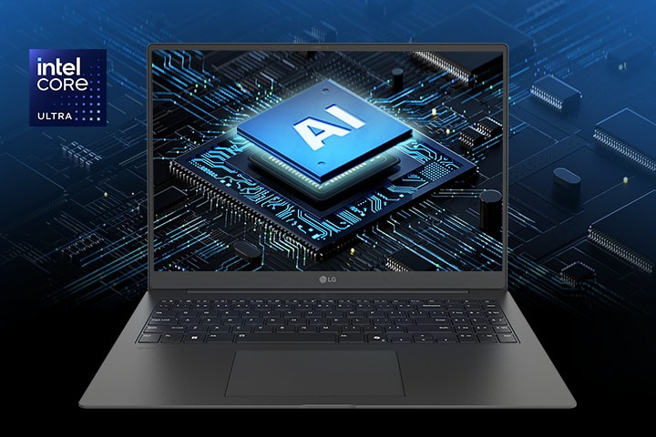 Ein Laptop mit einer KI-Chip-Grafik auf dem Bildschirm, umgeben von einem futuristischen Platinendesign, das die fortschrittlichen Verarbeitungsf?higkeiten unterstreicht. Das Intel Core Ultra-Logo wird in der unteren linken Ecke deutlich angezeigt und unterstreicht die herausragende Leistung.	