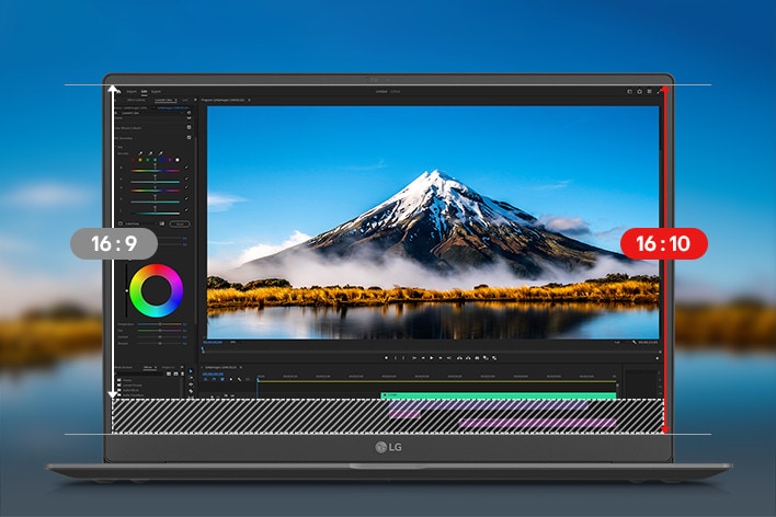 Ein Laptop, auf dessen Bildschirm eine Videobearbeitungsoberfl?che mit einer atemberaubenden Berglandschaft zu sehen ist. Eine Animation, die den übergang von einem Bildseitenverh?ltnis von 16:9 zu einem Bildseitenverh?ltnis von 16:10 hervorhebt und den erweiterten vertikalen Arbeitsbereich hervorhebt, der durch das Bildseitenverh?ltnis von 16:10 bereitgestellt wird.	