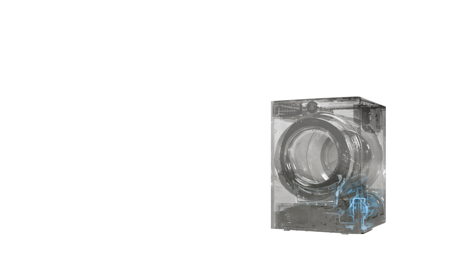 Ein LG Trockner in mattem Schwarz, sanft beleuchtet, zeigt durch sein transparentes Geh?use die internen Komponenten und hebt AI Dual Inverter hervor.