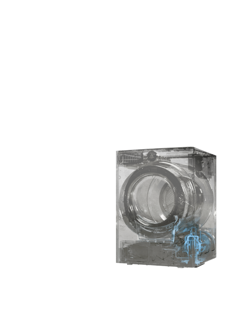 Ein LG Trockner in mattem Schwarz, sanft beleuchtet, zeigt durch sein transparentes Geh?use die internen Komponenten und hebt AI Dual Inverter hervor.