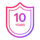 Ein Icon eines Schildes mit der Aufschrift '10 Jahre' in Pink- und Lilat?nen, das Haltbarkeit symbolisiert.