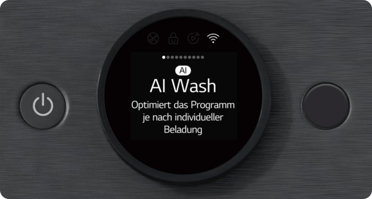 Eine Nahaufnahme des Bedienfelds einer LG Waschmaschine, das im Bildzentrum liegt, mit Tasten einschlie?lich 'click here' auf der rechten Seite und einem digitalen Display.