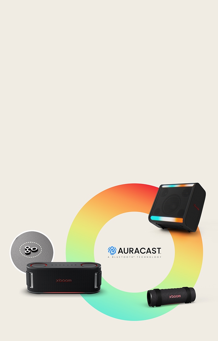 Auf einem regenbogenfarbenen Kreis sind xboom Stage 301, Grab und Bounce im Uhrzeigersinn angeordnet. Neben dem xboom Bounce ist das Bild seiner Auracast-Schaltfl?che in einem Kreis platziert. 