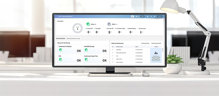 Der Dashboard-Bildschirm der LG ConnectedCare-L?sung wird auf einem Monitor angezeigt, der auf einem Schreibtisch platziert ist. 