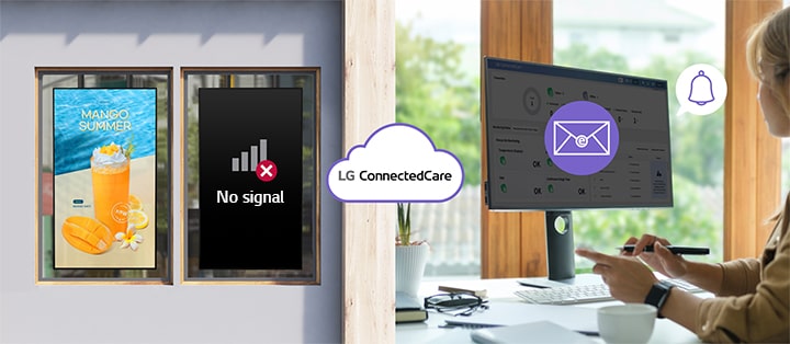 Ein Beispielbild zeigt, wie Benutzer Schwellenwerte für Ger?te in den überwachungseinstellungen der LG ConnectedCare-L?sung festlegen k?nnen. Wenn ein Schwellenwert überschritten wird, erh?lt ein bestimmter Benutzer eine Fehlermeldung per E-Mail.
