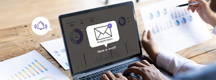 Ein Beispielbild zeigt, wie Benutzer einen Signage-Analysebericht per E-Mail über die LG ConnectedCare-L?sung erhalten.